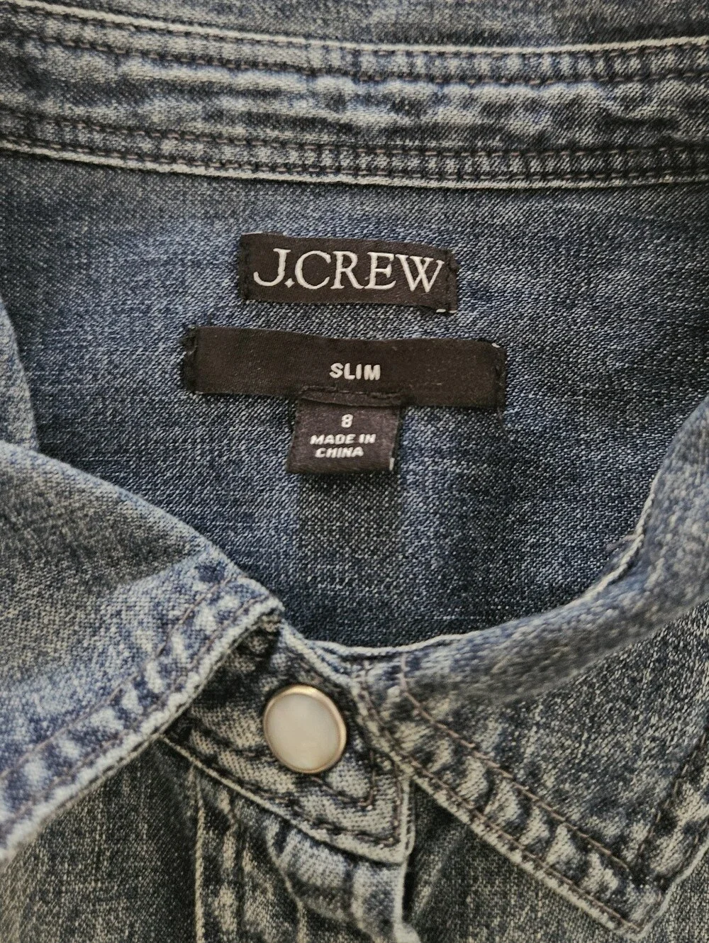 J. Crew Slim Fit Chambray Western Shirt Pearl Snap Denim Blue Size 8